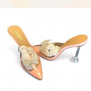Fashion Nova Peach Patent Pointed-Toe Mule with Crystal Bow Heel
